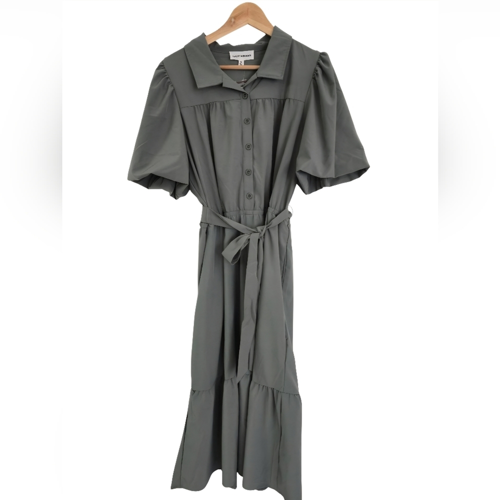 Lucky Brand SMOKEY Olive Green Maxi dress with Belt Sz L - Picture 1 of 3